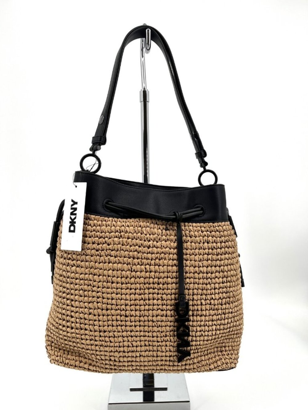DKNY Black and Tan Woven Bucket Shoulder Bag